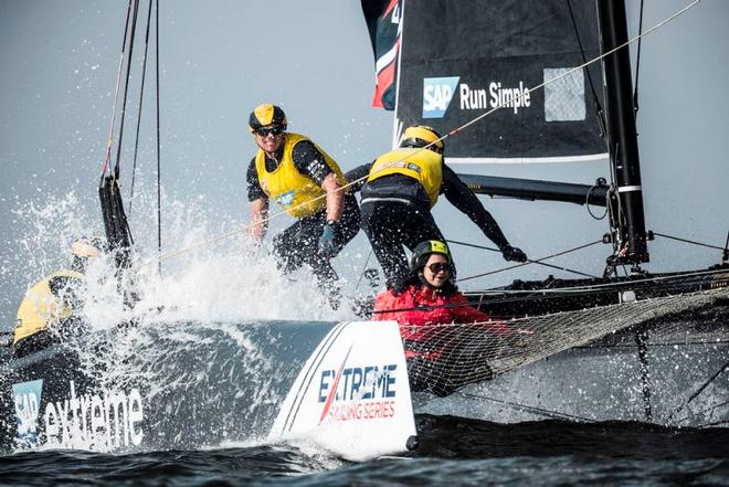 2017 Act 1, Extreme Sailing Series Muscat - SAP Extreme Sailing Team taking the spray with onboard Guest Sailor – Current leader SAP Extreme Sailing Team came out of the blocks firing in Muscat, taking its first Act win since Qingdao in 2015 © Lloyd Images http://lloydimagesgallery.photoshelter.com/